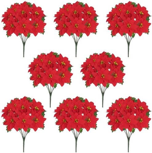 8 Pack Poinsettia Flowers Artificial Christmas Decorations, Red Poinsettia Flowers for Christmas Tree, Velvet Poinsettias Artificial Flowers for Xmas Decor DIY for Home Vase Indoor Outdoor Garden by BLEUMCADE