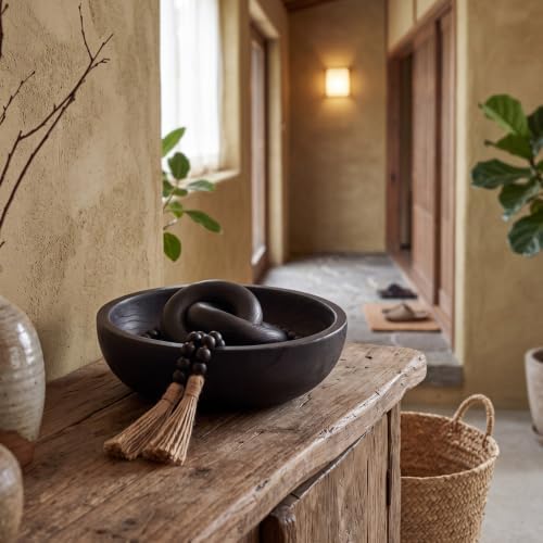 Novabright Farmhouse Wooden Bowl Set with Chain Beads, Black - Image 3