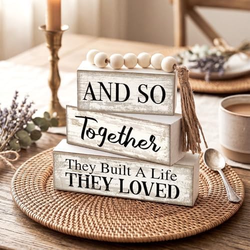 Yuntau 4 Pcs Farmhouse Table Centerpiece Wood Block Signs Tiered Tray Decor - Image 5