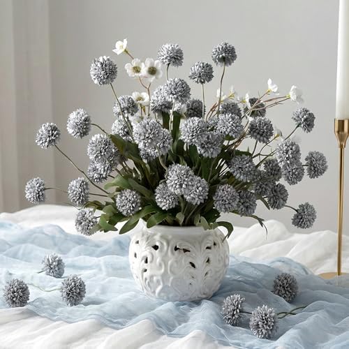 Mixed 10 Pcs Artificial Pompon Mum Set-8 Chrysanthemum & 2 White Daisy, Blue Silk Faux Flower for Vase Fall Floral Arrangements Wedding Centerpiece DIY Home Indoor Outdoor Decor (No Vase) - Image 6