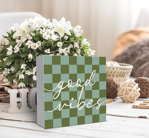 SRADMO Inspirational Wood Box Sign Desk Decor, Motivational Office Decor, Blue and Green Checkered Positive Theme Wooden Block Box Sign Decoration for Home Office Shelf Table Decorative Accessories - Image 3