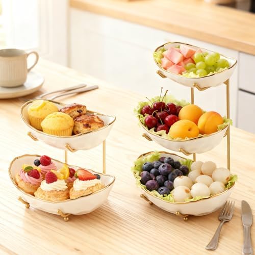 jessie 2 Tier Ceramic Fruit Bowl for Kitchen Counter with Metal Rack, Fruit Basket with Stand, Porcelain Bowls for Vegetable Bread Candy Snack Nuts Dessert Cake Tray (Gold 2 layer) - Image 7