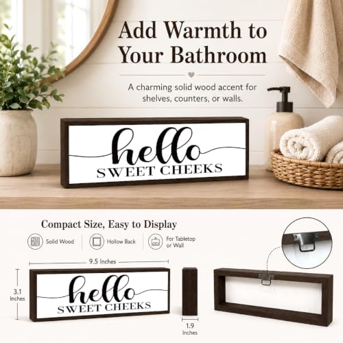 Bathroom Wood Sign, Hello Sweet Cheeks, Funny Farmhouse Bathroom Wall Decor for Shelf Counter or Wall Display, Rustic Solid Wood Sign, Modern Farmhouse Wall Decor, Restroom Gift, 9.5 x 3.1 Inches - Image 4