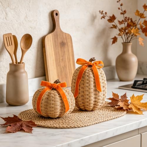 DN DECONATION Fall Pumpkin Decor, Fake Rattan Pumpkin Decorations for Home - Image 4