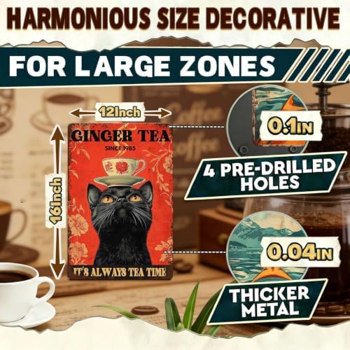 Funny Black Cat Tin Sign Ginger Tea It'S Always Tea Time Metal Sign Wall Decor For Home Cafe Bar Kitchen Poster 12x16 Inch - Image 2