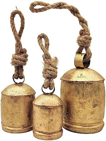 Shabby Chic Vintage Country Style Rustic Metal Bells Set of 3 Hanging Harmony Giant Cow Bells on Rope by SPARKLEDREAMS