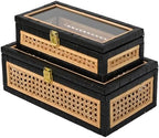 Black Rattan Decorative Wood Storage Boxes with Glass Lids Set of 2 by DECOR4SEASON