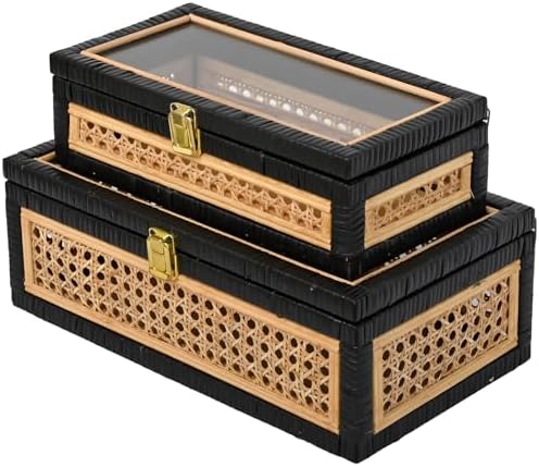Black Rattan Decorative Wood Storage Boxes with Glass Lids Set of 2 by DECOR4SEASON