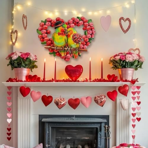 HONGLAND Heart Berry Wreath Lovebird Metal Wall Decor - Image 4