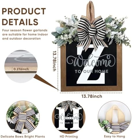 Ultra Large 14'' Last Name All Year Round Front Door Wreath with 26 Initial Letter Welcome Sign All Seasons Eucalyptus Garland and Bow Wreaths for Front Door Porch Farmhouse Decoration (Z) - Image 4