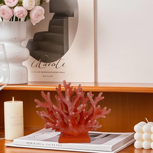 5.8" H Red Orange Coral Decor - Resin Coral Statue, Nautical Decor for Home, Bedroom, Bathroom, Living Room, Ocean Themed Cabinet Shelf Tabletop Decoration - Image 5
