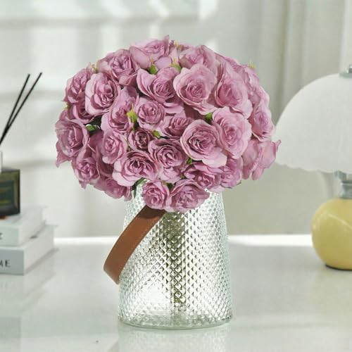 Silk Roses Flower Bouquet 4 Bundles 60 Heads for Wedding Home, Light Purple - Image 3