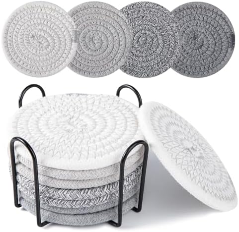 OIAHOMY 8 Pcs Coasters with Holder for Beer, Coffee, Woven Cotton Coaster Set for Table Decor for Kitchen, Bar, Dining Room, Living Room, Housewarming Gifts - Grey by MasterofSpaceOptimization