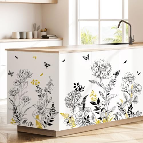 Black Yellow Flower Wall Decals, 3 Sheets Sketch Garden Floral Wall Stickers Simple Line Wildflower Grass Butterflies Art Decor Bedroom Bathroom Hallway Sofa Gifts for Mom(11.8x35.4 in/Sheet) - Image 5