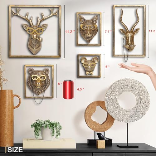 Newinhome Animal Heads Wall Decor (5pcs, Includes Metal Frame) Resin Animals Sculptures Head Wall Hanging Decoration Gold vintage Wall Sculpture for Living Room Bedroom Office - Image 5