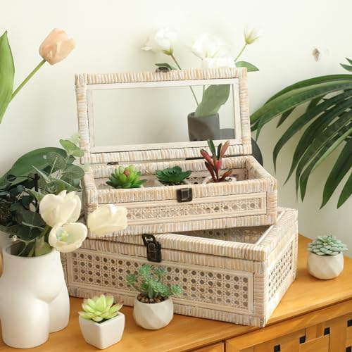 Set of 2 Rattan and Cane Stacking Boxes ,12" and 14", White Wash - Image 5