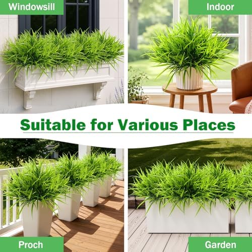 Uieke 28 Bundles Artificial Outdoor Plants UV Resistant Fake Grass Plants Faux Plastic Plants Greenery Shrubs for Home Garden Pathway Window Box Front Porch Spring Summer Decor, Green - Image 6