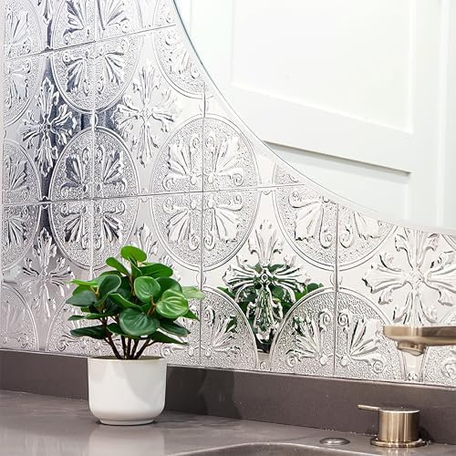 Peel and Stick Metal Backsplash Tiles, Silver Fleur, 10-Pack - Image 6