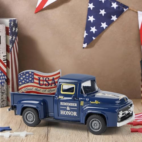 Memorial Day Patriotic Truck Decor, Americana Vintage Pickup Truck Tabletop Decoration, Rustic Farmhouse Tiered Tray Decor for 4th of July Independence Day Home Office - Image 2