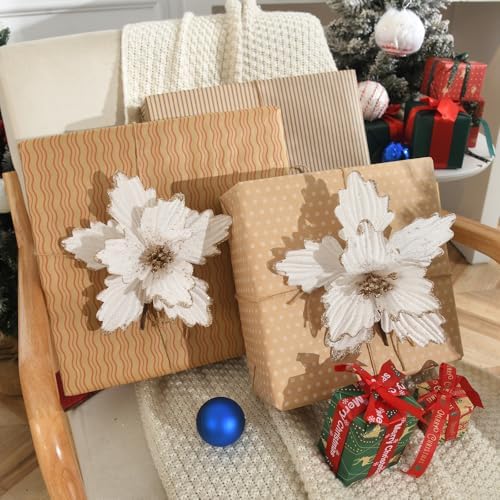 10 PCS Glitter Poinsettias, 8.7" Artificial Christmas Flowers, Cream White - Image 2