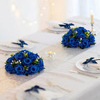 BLOSMON Blue Flowers Artificial for Decoration: 2 Pcs Fake Roses Flower Balls Centerpiece for Wedding Table - Silk Kissing Bouquet with Base Floral Arrangement for Home Party Event Decor - Image 2