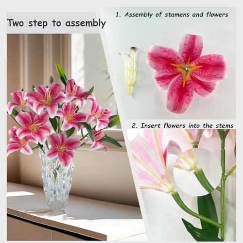 12 Artificial Lily Flowers with 9 Heads Full Bloom Lily & 3 Buds, Long Stem Artificial Stargazer Lilies, Faux Tiger Bouquets for Home Hotel Office Party Decor Table Centerpieces（Dark Pink - Image 3