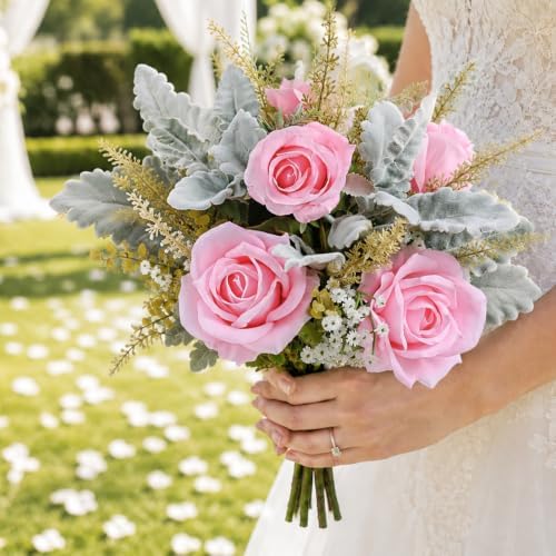 Faux Flowers in Vase Pink Roses Floral Arrangements for Home Decor - Image 3