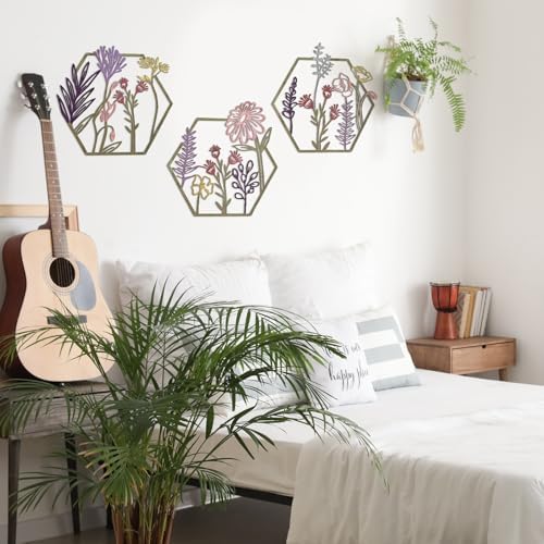Peryiter 3Pcs Metal Flower Wall Decor Minimalist Floral Hanging, Colorful - Image 6