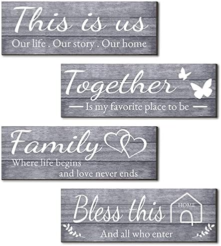Joyhawk 4 Pieces Wall Decor Signs, THIS IS US, TOGETHER, BLESS THIS HOME, FAMILY Rustic Wooden Farmhouse Wall Art Décor For Living Room Bedroom Kitchen, , 4.7 x 13.8 Inch(Grey) by JOYHAWK-DesigningaBetterLife