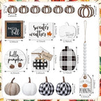 Reallnaive 18 Pcs Fall Tiered Tray Decor, Vintage Plaid Pumpkin Signs - Image 3