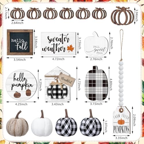Reallnaive 18 Pcs Fall Tiered Tray Decor, Vintage Plaid Pumpkin Signs - Image 3