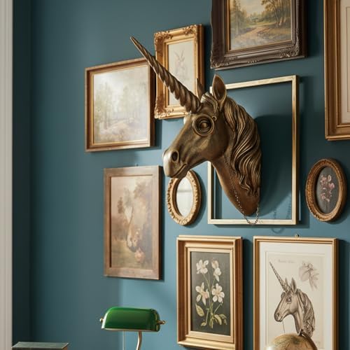 JJALIGHTS Exquisite Resin Animal Head Wall Sculpture (Gift Metal Frame) - Imitation Copper Vintage Decor for Living Room, Bedroom & Office | Decorative Wall Hanging Art (Unicorn) - Image 2