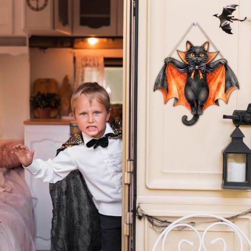 Black Cat Halloween Decor Door Hanging Sign for Front Door Porch Wall Decor Welcome Sign for Haunted House Halloween Party Outdoor Indoor Decorative Signs - Image 3