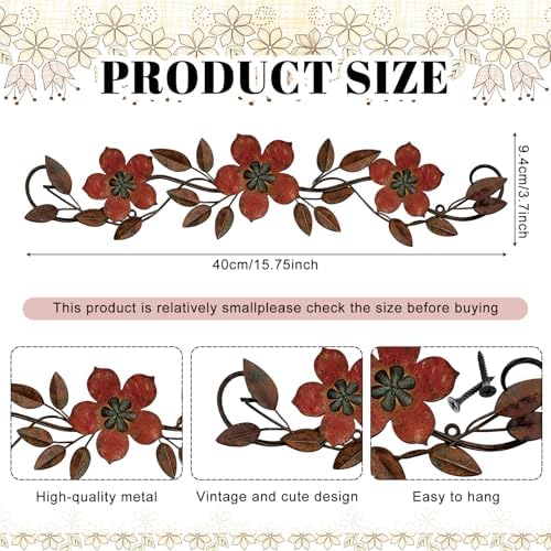 Wesiti Metal Flower Wall Art Decor Vintage Wrought Scroll, Red - Image 2