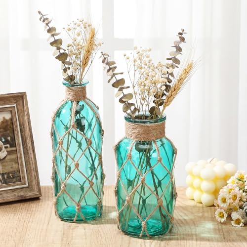 Chuangdi Set of 2 Coastal Glass Flower Vase with Boho Rope, Blue Green - Image 6