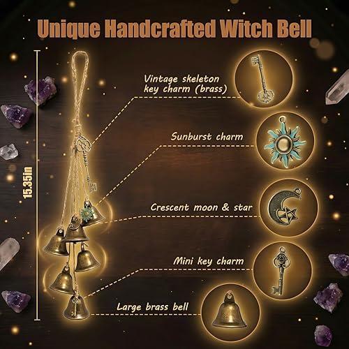 Witch Bells for Door Knob for Protection, 2 Pack Handmade Witch Bells 13.5 & 12.2 Inch with Brass Bells and Spell Jars, Vintage Boho Witchy Decor Witchcraft Supplies Wiccan Gifts for Home Wall Door - Image 3