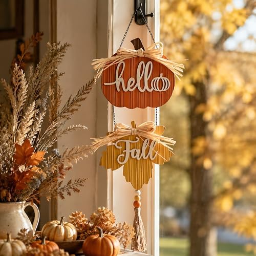 Valery Madelyn Fall Decorations for Home, Fall Wall Decor with Pumpkin and Maple Leaf, Rustic Farmhouse Fall Wreaths, Wooden Pumpkin Decor for Thanksgiving Autumn, 21 inch - Image 2