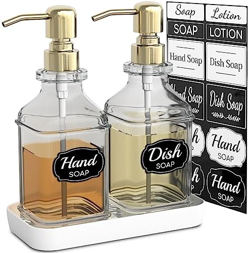 LMQML Soap Dispenser - 2 Pack, Antique Design Thick Glass Hand Soap Dispensers with Sturdy Tray; 304 Rust Proof Stainless Steel Pump, 12Pcs Stickers, for Kitchen, Bathroom by LMQML