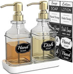 LMQML Soap Dispenser - 2 Pack, Antique Design Thick Glass Hand Soap Dispensers with Sturdy Tray; 304 Rust Proof Stainless Steel Pump, 12Pcs Stickers, for Kitchen, Bathroom by LMQML