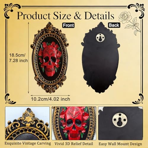 KISWIAR Resin Gothic Skull Wall Sculpture with Floral Frame, Vintage Skull Wall Decor for Living Room Hallway Bedroom Bar, Gothic Art Home Decoration - Image 2
