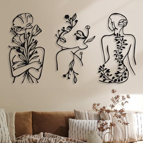 Photect 3 Pcs Metal Wall Art Minimalist Woman Line Decor, Plant, Black by Photect