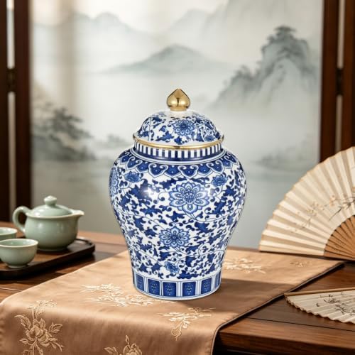Small Blue and White Ginger Jar with Gilt Edges, Ceramic Ginger Jar with Lid, Exquisite Floral Patterns Chinoiserie Tea Storage Jar for Living Room, Kitchen & Coffee Corner - Image 5