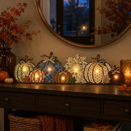 RattanView Lighted Fall Pumpkin Table Decorations Wooden Autumn Centerpiece - Image 3