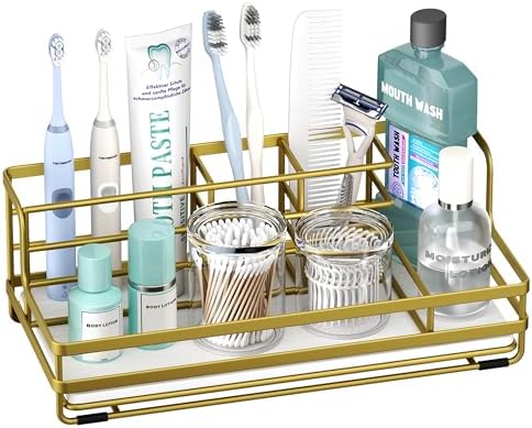 HapiRm Toothbrush Holders for Bathroom - 5 Partitions Bathroom Counter Organizer with Instant Drying Stone, Stainless Steel Countertop Storage Electric Toothbrush Toothpaste Holder - Gold by HapiRm