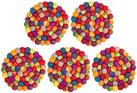 Round Felt Ball Coasters - Wool Table Coasters - Felt Coaster Pads, Absorbent Trivet for Drinks - Heat Resistant, Thick & Durable Hand Felted in Nepal by Woolygon- Multi-Color - Set of 5 - Image 5