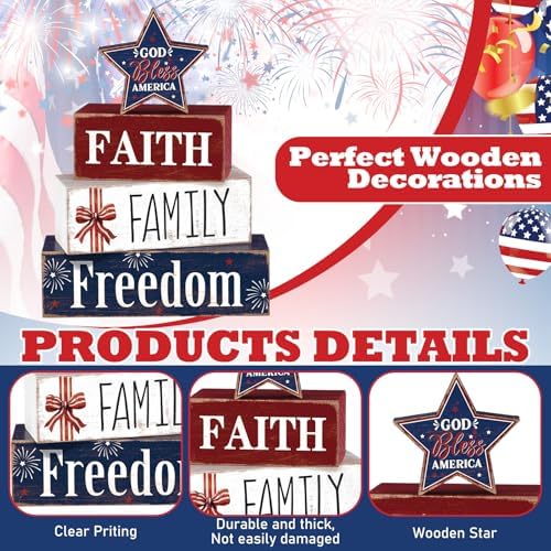 Moucuny 4 Pcs Patriotic Wooden Block Sign July 4th Table Star Decor - Image 4