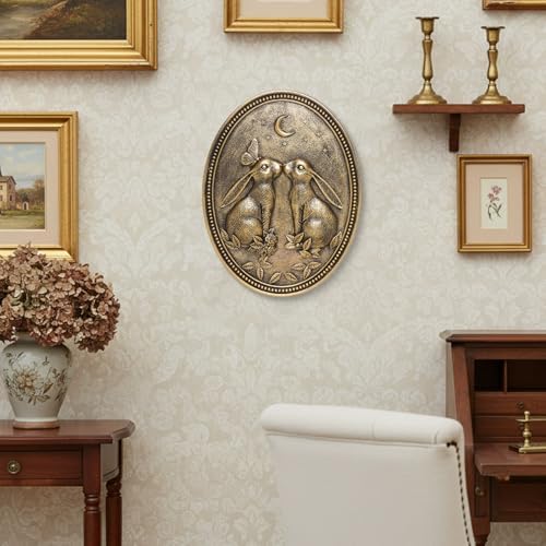 Vintage Rabbit Wall Sculpture,Antique Wall Decor,Easter Decor Bunny Sculpture,Hand Painted Wall Decoration with Embossed Couple Rabbit Design,Vintage Wall Decor for Living Room Bedroom Dining Room Hallway, Housewarming Gift - Image 3