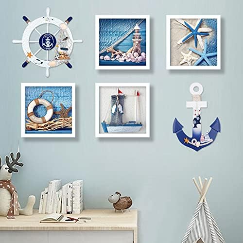 2 Pack 11" Nautical Beach Wooden Ship Wheel and 11" Wooden Anchor with Rope Nautical Boat Steering Wheel Rudder Anchor Wall Art Decor Door Hanging Ornament Beach Theme Home Decoration(White&Blue) - Image 7
