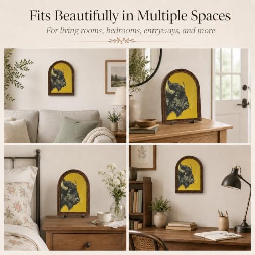 Rustic Home Wooden Frame Decor, Retro Whimsical Smoking Bison Framed Decor, Arched Wooden Frame with Stand, Vintage Buffalo Art Print, Funny Tabletop & Wall Accent for Living Room, Bedroom - Image 3