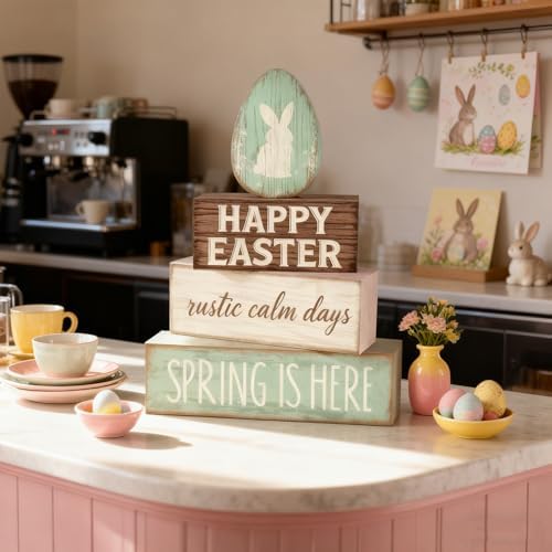 Easter Decorations - Happy Easter Bunny Egg Tiered Tray Decor - Wooden Easter Tabletop Sign - Rustic Farmhouse Spring Home Decor Indoor for Tiered Tray Shelf Mantel Entryway Coffee Table - Image 6